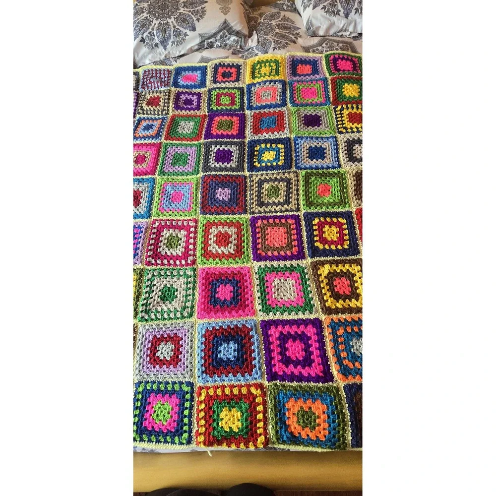 Handmade granny square afghan crochet multi color blanket‎ cottagecore Farmhouse